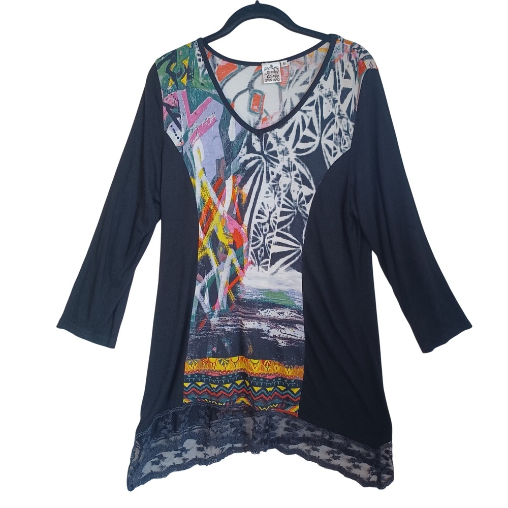 Parsley & Sage Womens Abstract Print Lace Trim Sharkbite Tunic Top Black Multi M